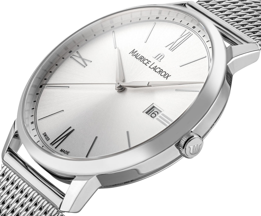 Maurice Lacroix Eliros Date Herrenuhr EL1118-SS002-110-1 Milanaise-Edelstahl-Band Zifferblatt silber NEU OVP. mit Box Papiere 2 Jahre Hersteller-Garantie