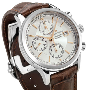 Maurice Lacroix Les Classiques Chronographe Automatique Herrenuhr LC6158-SS001-130-1 neu Garantie Box Papiere Saphirglas Gehäuse Edelstahl Lederband braun Swiss Made Automatik-Chronograph ETA Valjoux 7750 mit Stoppuhr und Datumsanzeige - Chronographen 24 - Luxusuhren günstig kaufen