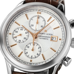 Maurice Lacroix Les Classiques Chronographe Automatique Herrenuhr LC6158-SS001-130-1 neu Garantie Box Papiere Saphirglas Gehäuse Edelstahl Lederband braun Swiss Made Automatik-Chronograph ETA Valjoux 7750 mit Stoppuhr und Datumsanzeige - Chronographen 24 - Luxusuhren günstig kaufen