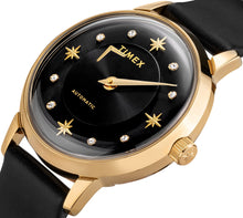 Laden Sie das Bild in den Galerie-Viewer, Timex Automatik Damen Armbanduhr TW2T86300 mit echten SWAROVSKI Steinen Roségold Lederband schwarz NEU OVP mit Box Papiere 2 Jahre Garantie