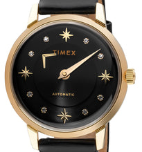Laden Sie das Bild in den Galerie-Viewer, Timex Automatik Damen Armbanduhr TW2T86300 mit echten SWAROVSKI Steinen Roségold Lederband schwarz NEU OVP mit Box Papiere 2 Jahre Garantie