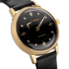 Laden Sie das Bild in den Galerie-Viewer, Timex Automatik Damen Armbanduhr TW2T86300 mit echten SWAROVSKI Steinen Roségold Lederband schwarz NEU OVP mit Box Papiere 2 Jahre Garantie