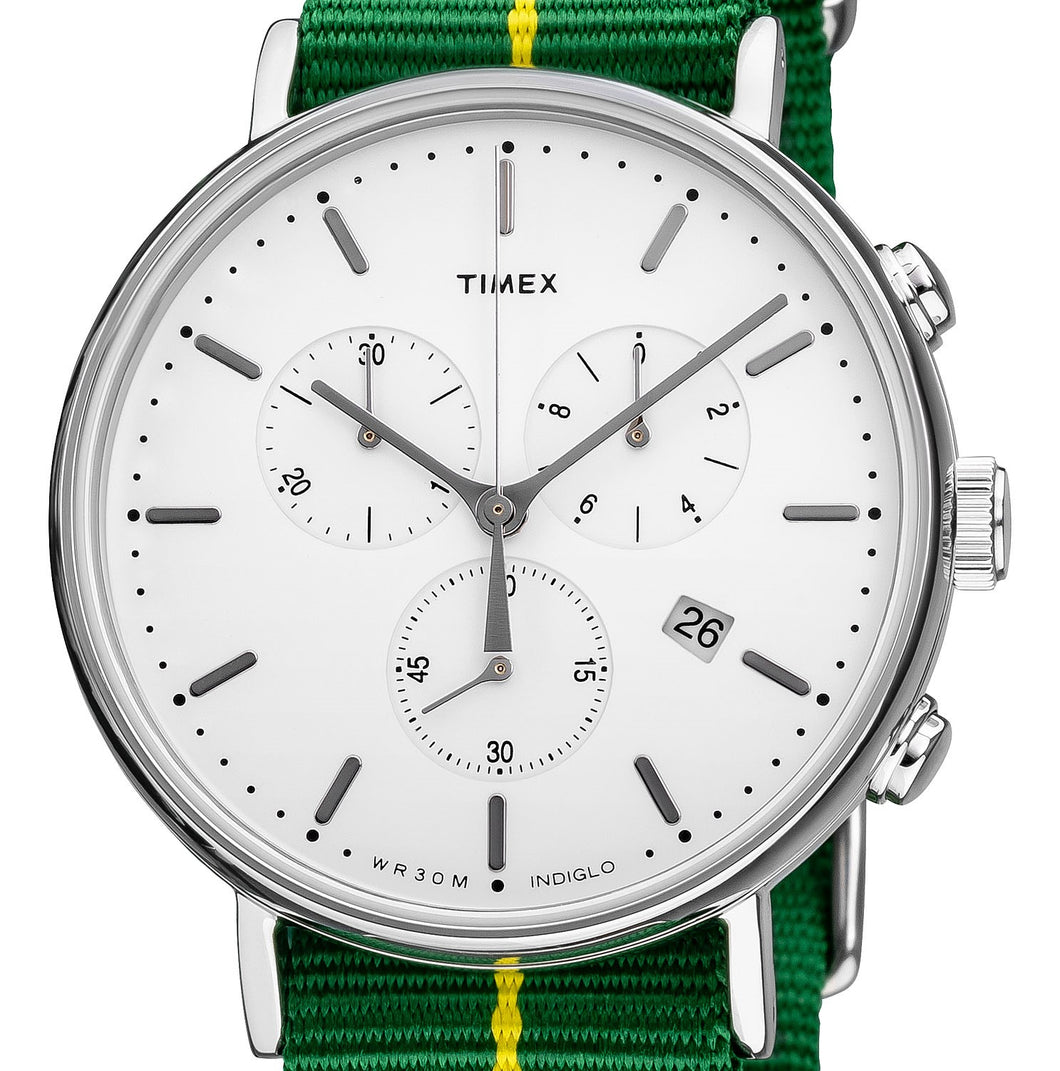 Timex Brazil Chronograph Herrenuhr TW2R26900 Stoppuhr Datum Textilband gelb grün NEU OVP. mit Box Papiere 2 Jahre Garantie
