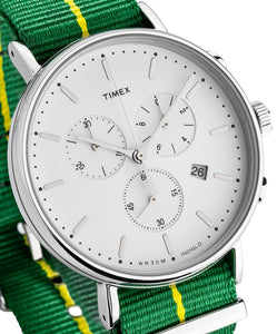 Timex Brazil Chronograph Herrenuhr TW2R26900 Stoppuhr Datum Textilband gelb grün NEU OVP. mit Box Papiere 2 Jahre Garantie
