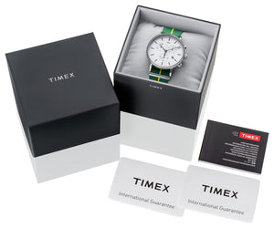 Timex Brazil Chronograph Herrenuhr TW2R26900 Stoppuhr Datum Textilband gelb grün NEU OVP. mit Box Papiere 2 Jahre Garantie