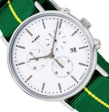 Laden Sie das Bild in den Galerie-Viewer, Timex Fairfield Chronograph Herrenuhr TW2R26900 Stoppuhr Beleuchtung Datum Band grün-gelb NEU OVP. mit Box Papiere 2 Jahre Garantie