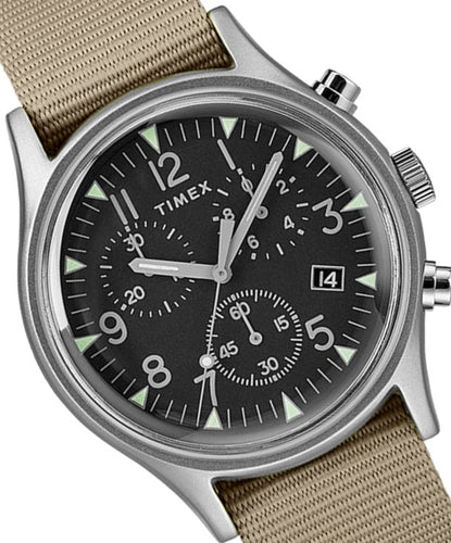 Timex Military MK1 Supernova Chronograph Aluminium Herrenuhr Textilband braun mit Stoppuhr mit Beleuchtung TW2T10700 NEU OVP. BOX PAPIERE