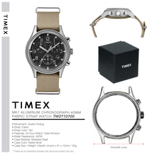 Laden Sie das Bild in den Galerie-Viewer, Timex Military MK1 Supernova Chronograph Aluminium Herrenuhr Textilband braun mit Stoppuhr mit Beleuchtung TW2T10700 NEU OVP. BOX PAPIERE