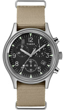 Laden Sie das Bild in den Galerie-Viewer, Timex Military MK1 Supernova Chronograph Aluminium Herrenuhr Textilband braun mit Stoppuhr mit Beleuchtung TW2T10700 NEU OVP. BOX PAPIERE